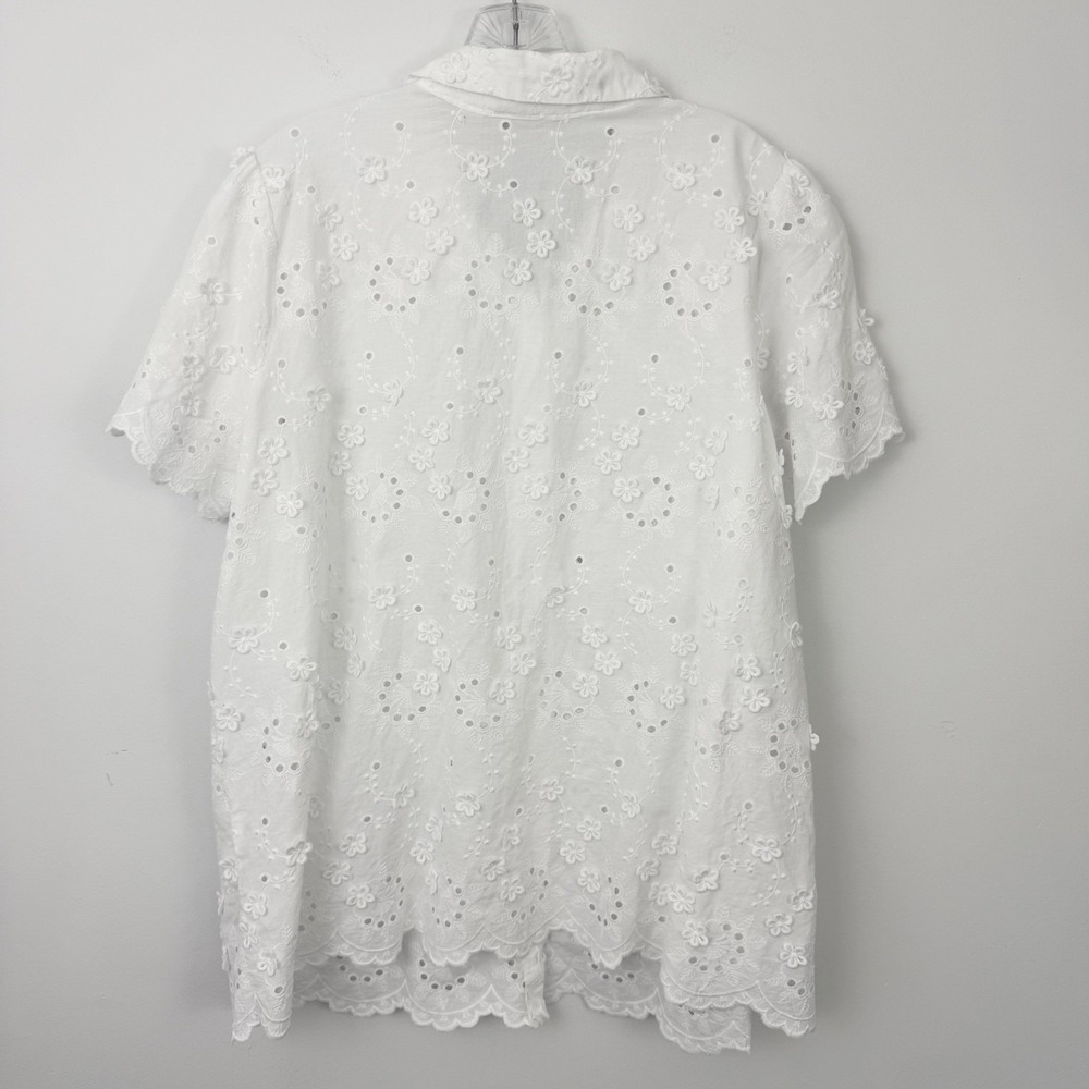 SUSAN GRAVER Pure Eyelet Applique 3D Button Front SHIRT Top 1X White Lace - Picture 7 of 14